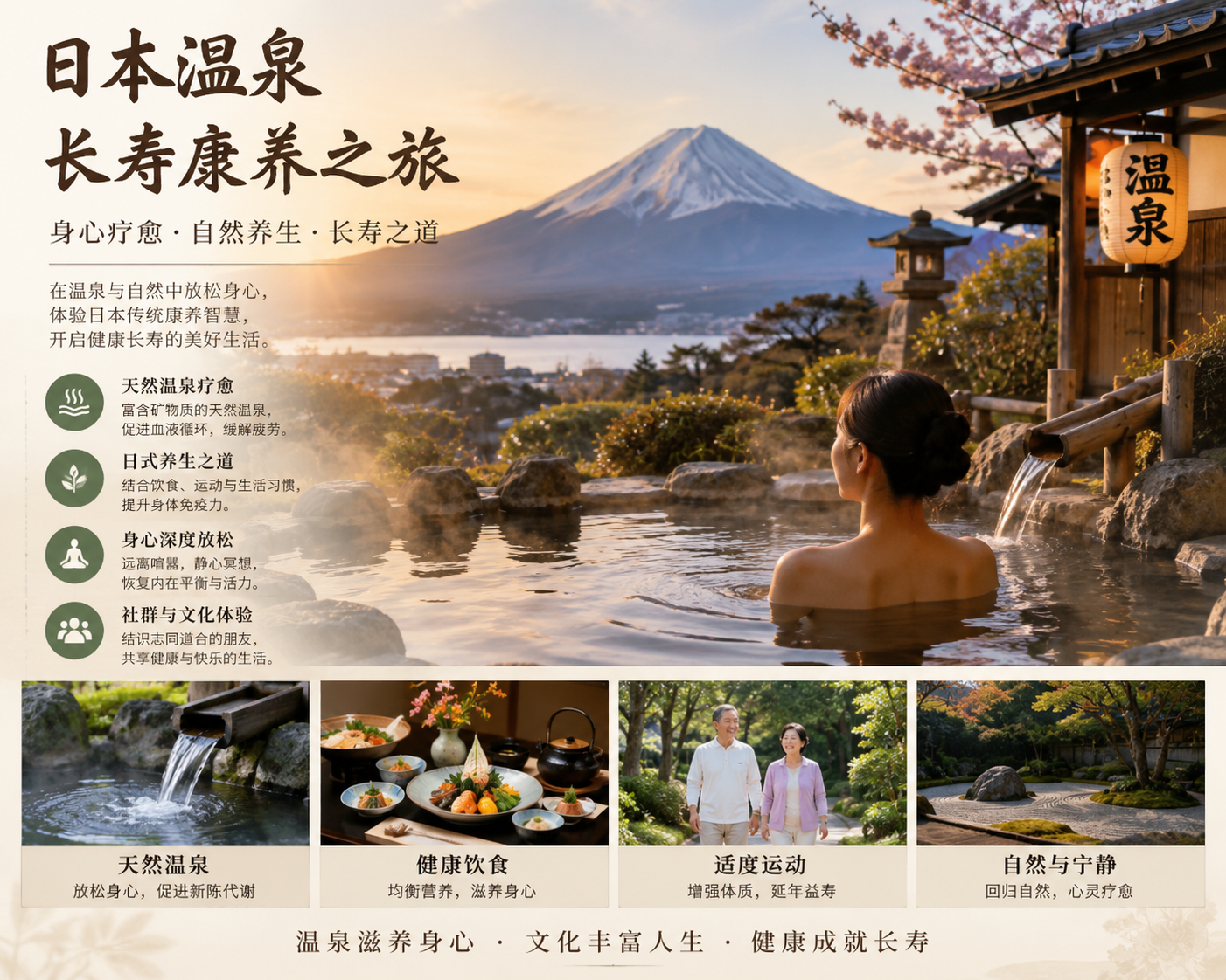 日本温泉长寿康养之旅：天然温泉、健康饮食、适度运动、自然与宁静
